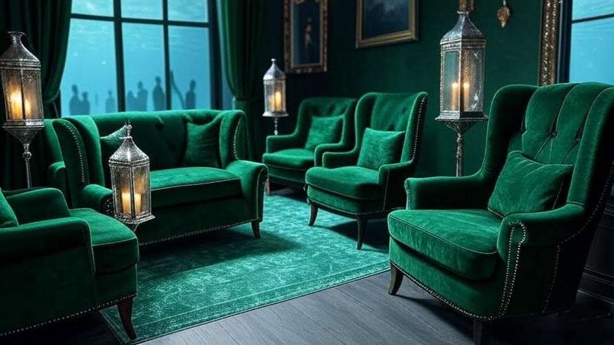 Slytherin common room with green velvet furniture and silver lanterns, overlooking the Black Lake, showcasing the house’s elegance and pride.
