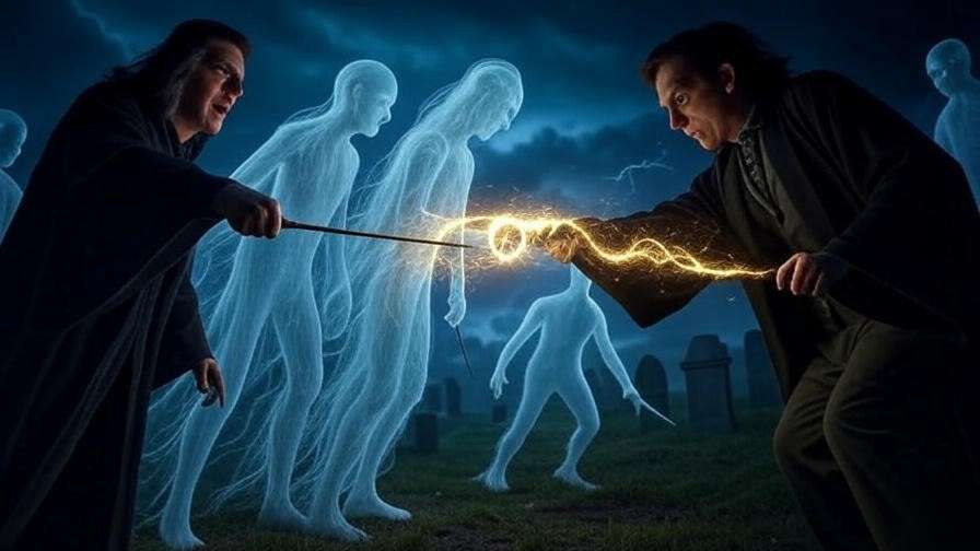 Ghostly figures emerge from a wand during a Priori Incantatem duel in a stormy graveyard, glowing against a dark Harry Potter night sky.


