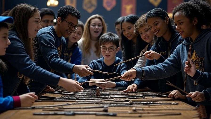 Harry Potter fans at a wand-choosing event with wands and Hogwarts banners