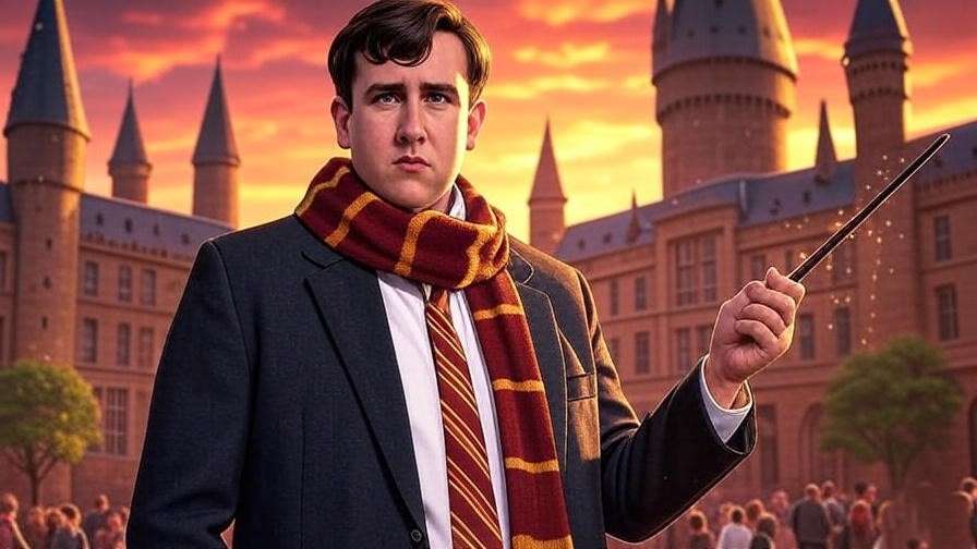 Neville Longbottom stands heroically in Hogwarts courtyard, Gryffindor scarf flowing, with castle towers in the background, evoking **Neville Longbottom x Reader** fanfiction appeal. 