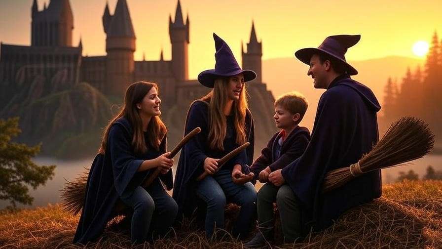Hogwarts Castle at sunrise with a family preparing for Harry Potter and Forbidden Journey ride.