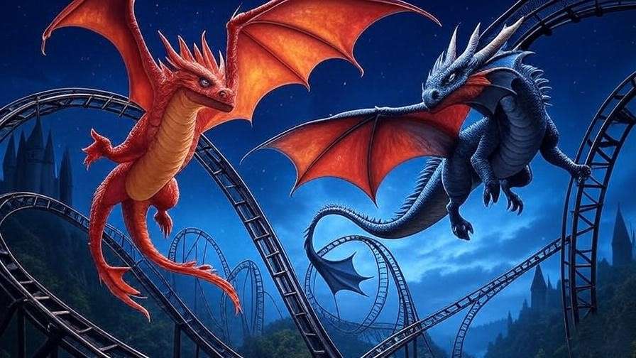 Fan art of **Harry Potter Dueling Dragons** featuring Chinese Fireball and Hungarian Horntail dragons soaring over roller coaster tracks.

