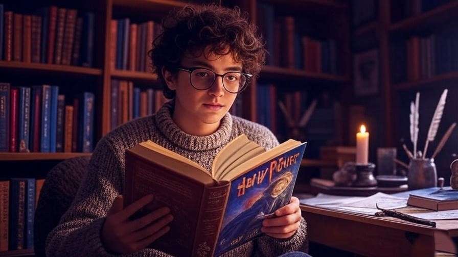 Fan re-reading Harry Potter book with notes and magical props, engaging with gender dynamics.