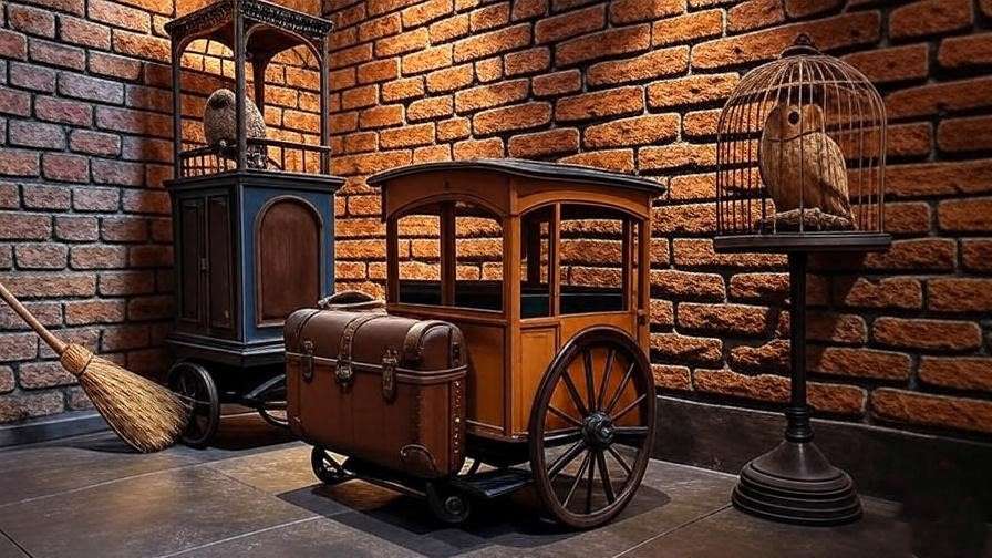 Platform 9¾ photo op in a Harry Potter themed coffee shop with a brick wall, trolley, and magical props.