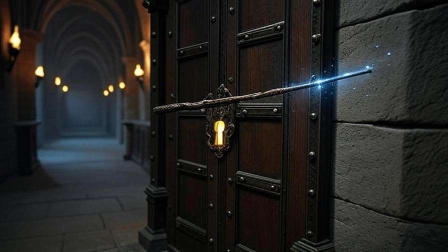 A wand casting the Alohomora charm to unlock an ornate door in a Hogwarts hallway, with glowing sparkles, representing charm casting in Harry Potter.