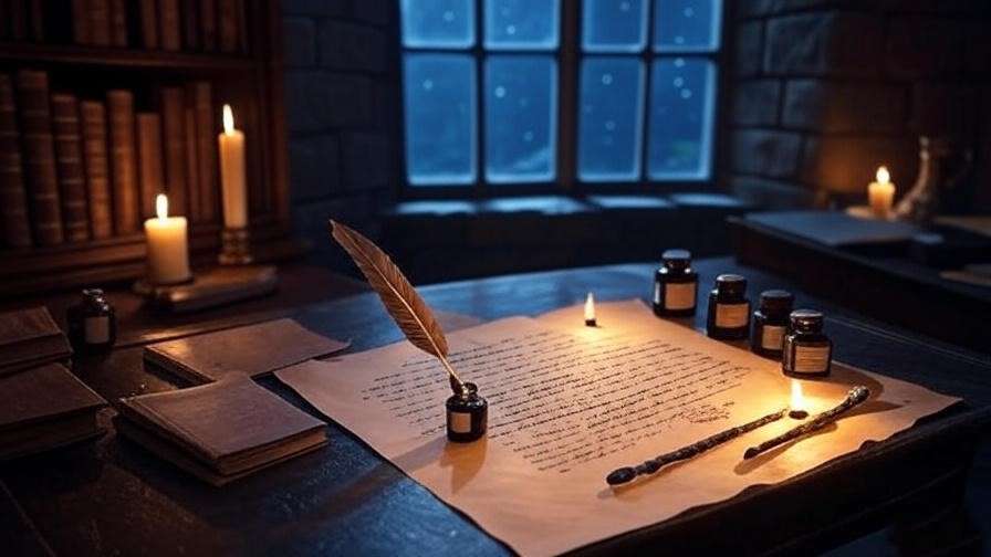 Hogwarts desk with quill and parchment, inspiring Harry Potter and Severus Snape fanfiction writing.
