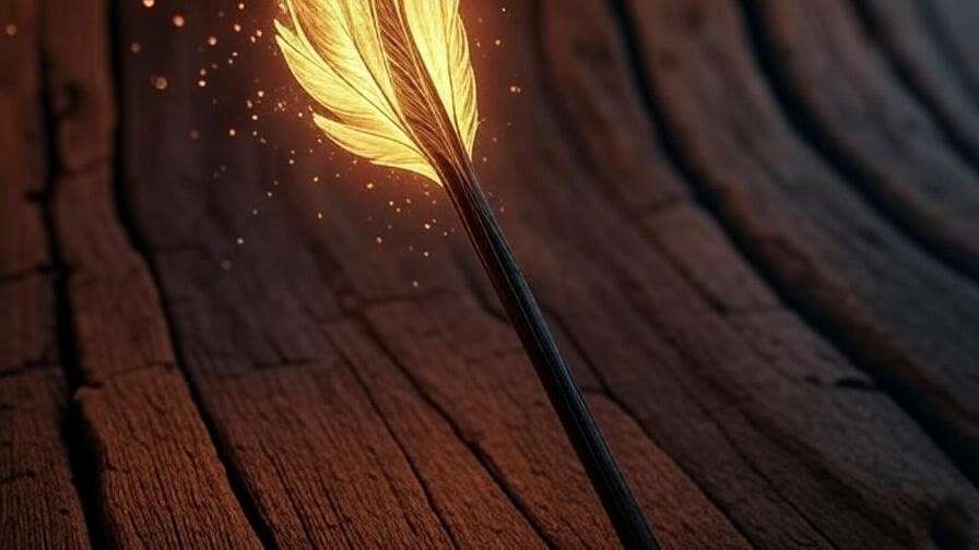 Close-up of a magical wand with phoenix feather core glowing, Harry Potter wand lore