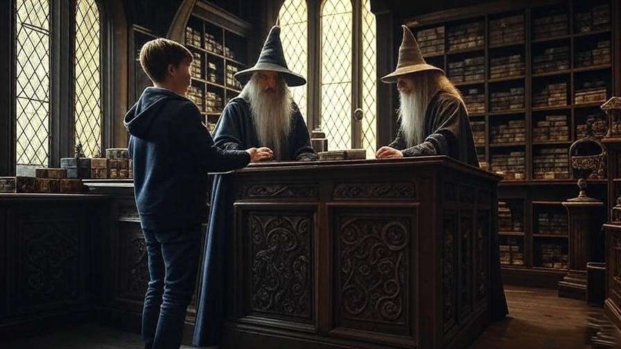 Magical interior of Ollivanders wand shop with shelves of wand boxes and a wizard assisting a customer