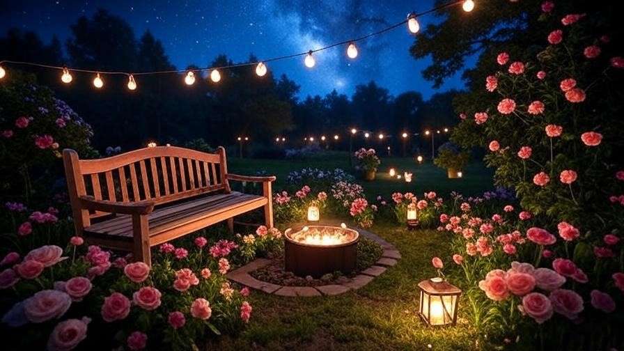 Cozy moonlit seating area with string lights and fire pit in a Harry Potter garden.