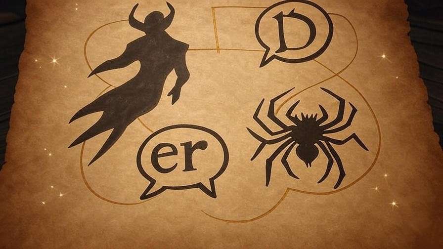 Parchment-style diagram of the Harry Potter sphinx riddle clues, featuring a spy, letter D, “er” sound, and spider, connected by golden lines. 