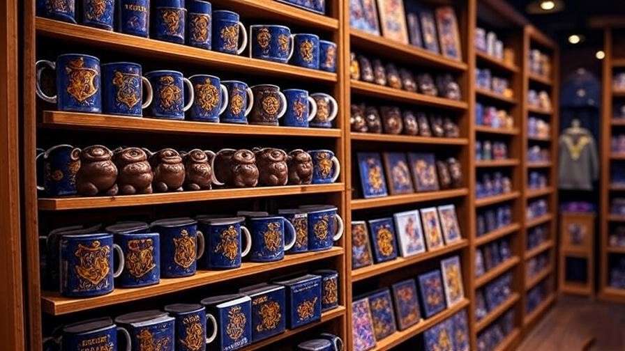 Exclusive merchandise display at Harry Potter Experience Dallas store.