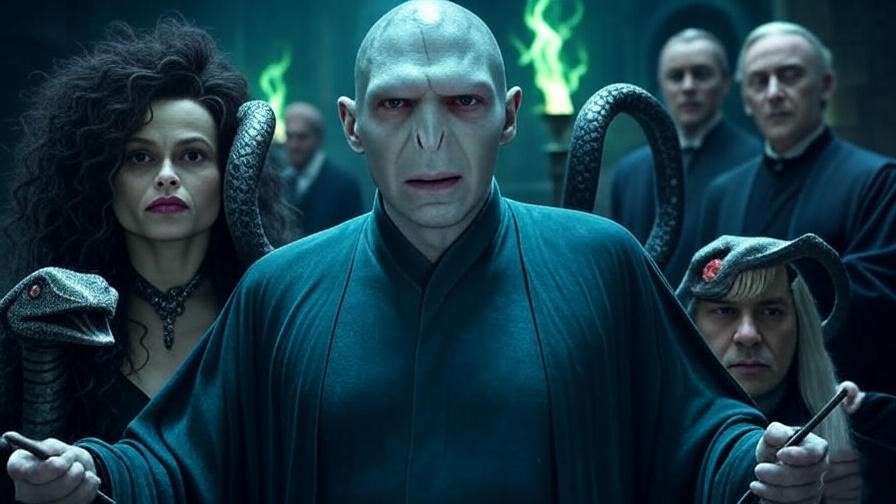  Lord Voldemort and Death Eaters like Bellatrix and Lucius Malfoy in dark chamber for Harry Potter all characters list.
