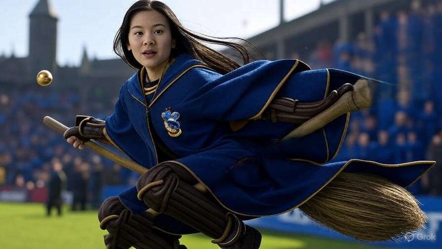Cho Chang flying on a broomstick during a Ravenclaw Quidditch match