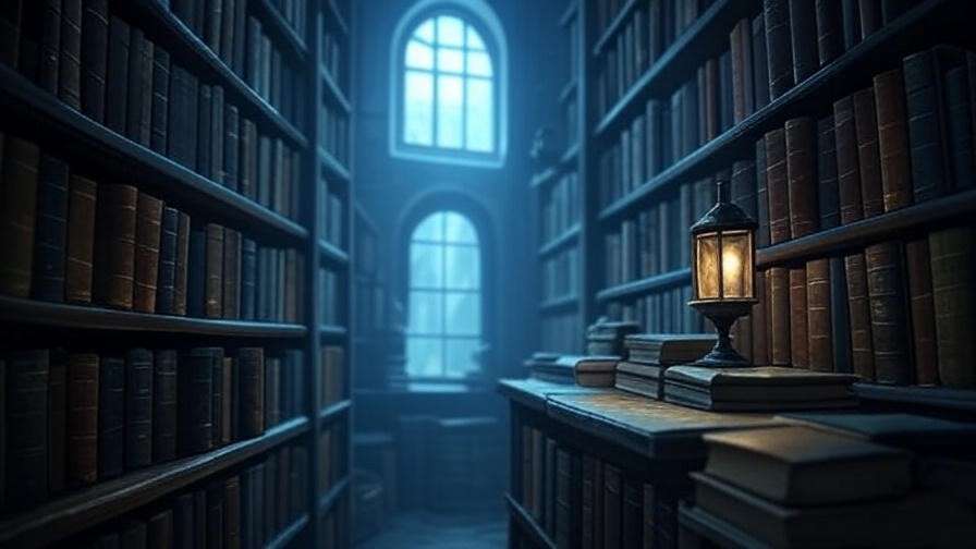 Hidden bookshop in Knockturn Alley with dusty tomes and a glowing lantern, a magical gem around the corner from Diagon Alley.