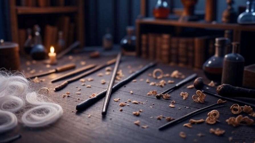 Wandmaker’s workshop with a half-crafted Albus Potter wand under candlelight.