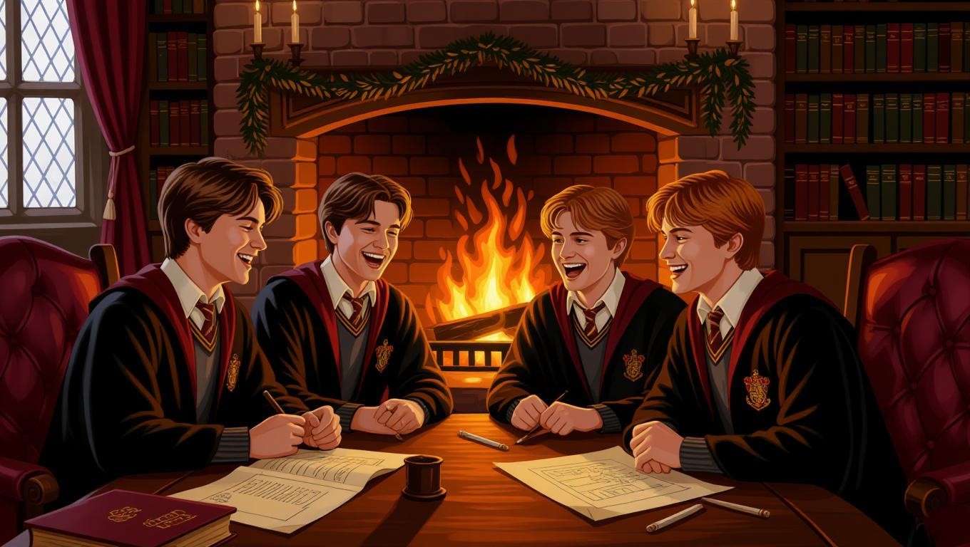 Cozy illustration of four young Hogwarts students in the Gryffindor common room, planning and laughing, representing the Marauders’ friendship in Harry Potter. 