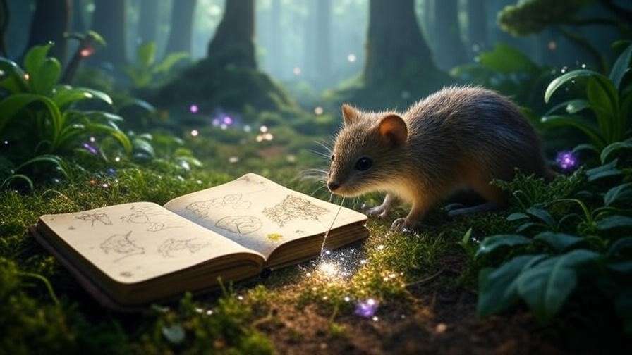 Forbidden Forest clearing with a Niffler sniffing treasures, glowing plants, and an open journal with magical creature sketches.