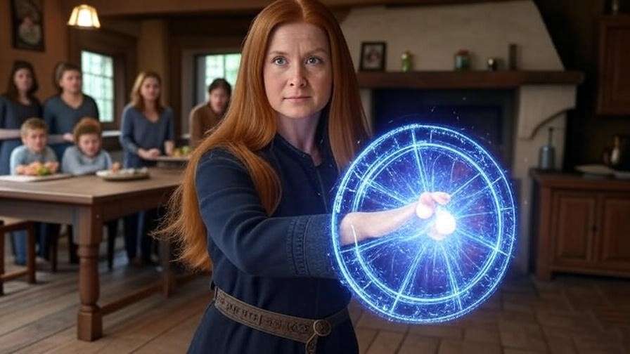Molly Weasley casting a shield spell to protect her family at the Burrow