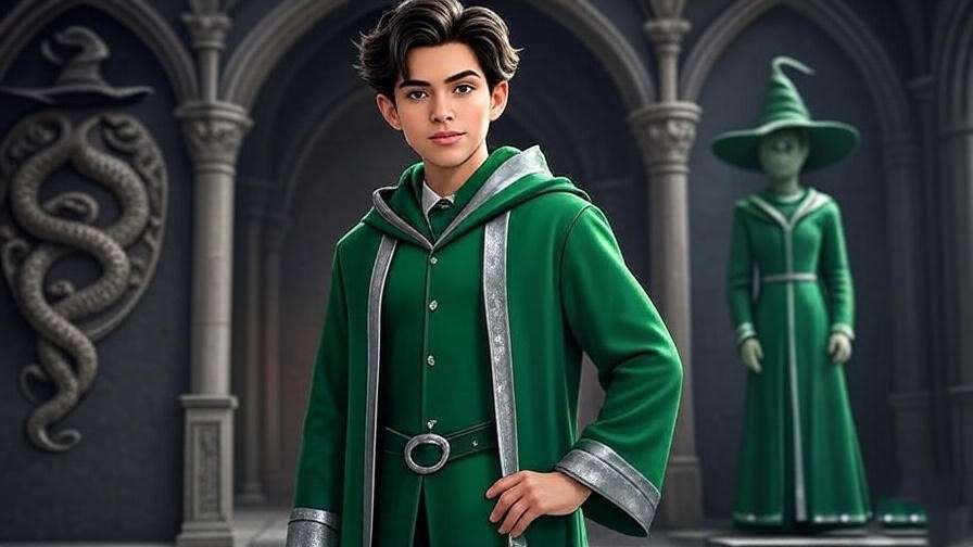 Stylish Slytherin student in green robe with Sorting Hat, showcasing fashion goals for Harry Potter meme enthusiasts.
