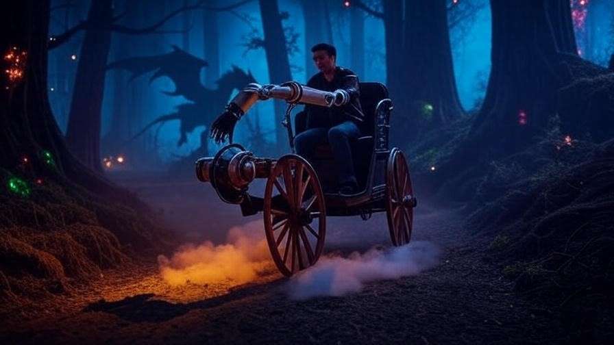Robotic arm technology of Harry Potter and Forbidden Journey ride soaring through the misty Forbidden Forest with a dragon silhouette.