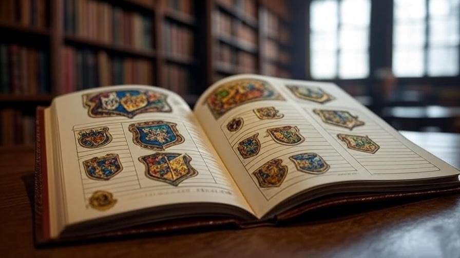 Close-up of an open Harry Potter planners 2025 with house crests and spell tracker in a Hogwarts library setting. 