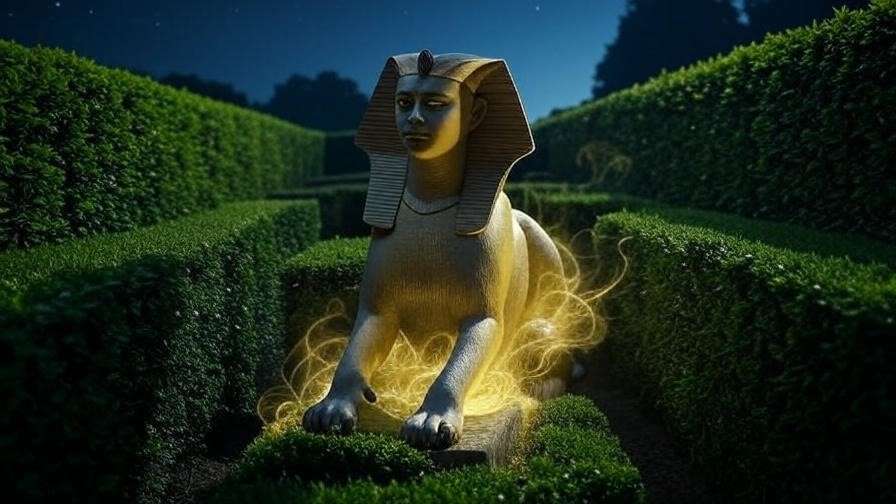 A sphinx in a dark, magical maze from Harry Potter, surrounded by hedges under a starry sky, evoking the Triwizard Tournament’s tension. 