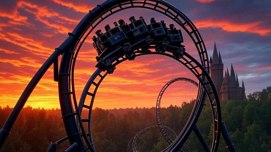 Hungarian Horntail roller coaster from **Harry Potter Dueling Dragons** speeding through a loop against a sunset sky in the Wizarding World.
