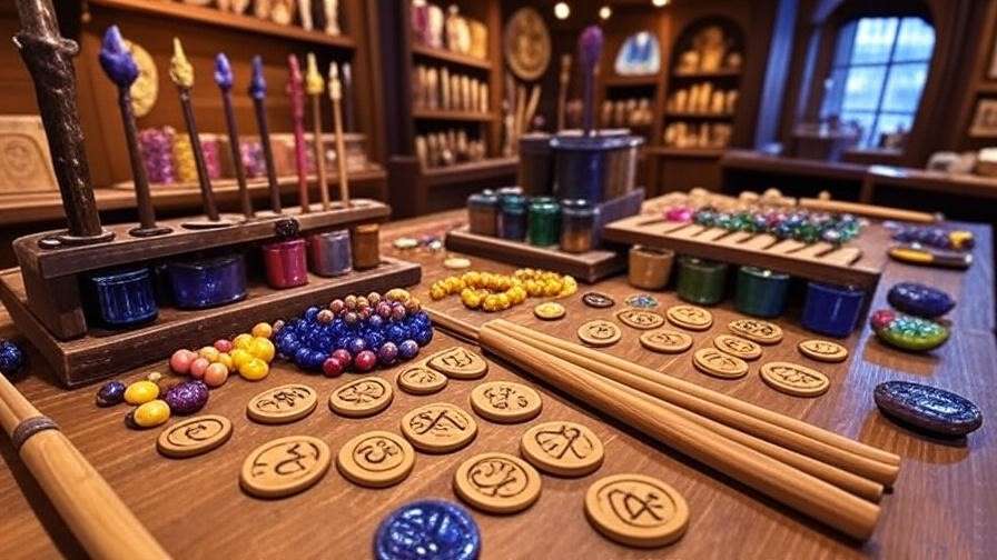 Interactive wand-making station in a Harry Potter themed coffee shop with wooden dowels, paints, and magical decorations.