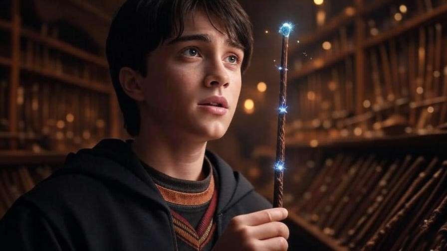 Young wizard chosen by a glowing holly wand at Ollivanders with wand shelves