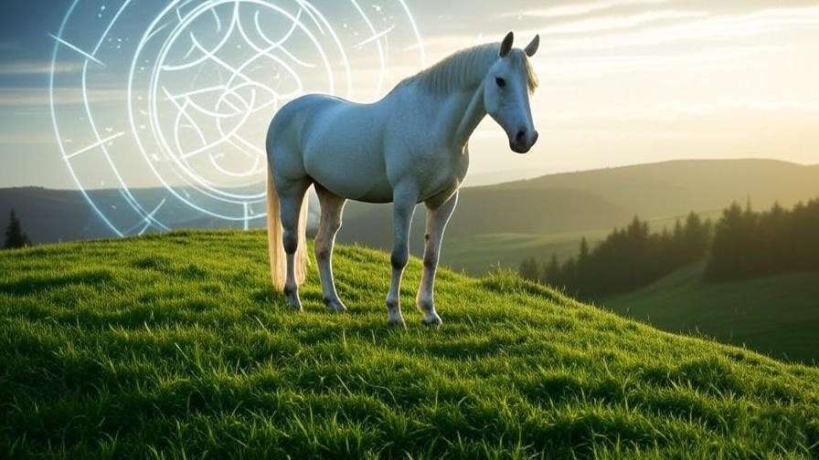 White mare Patronus on a hilltop with mythological Celtic symbols