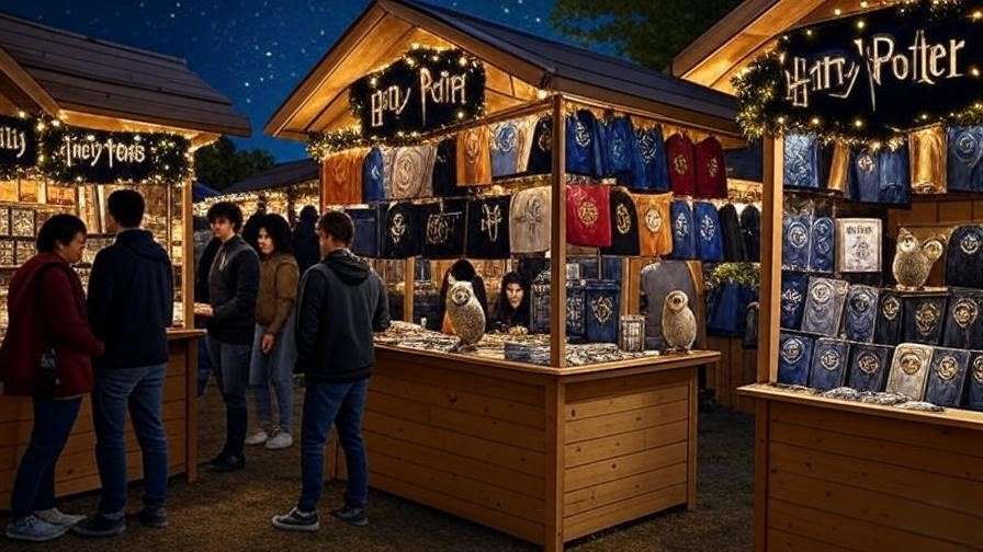 Fans shopping at a Diagon Alley Pop-Up Market in Atlanta with vendors and live owls under twinkling lights.
