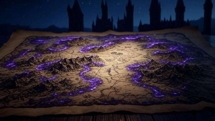 Mystical Marauder’s Map unfolding with glowing ink and footprints, Hogwarts castle in starry background.