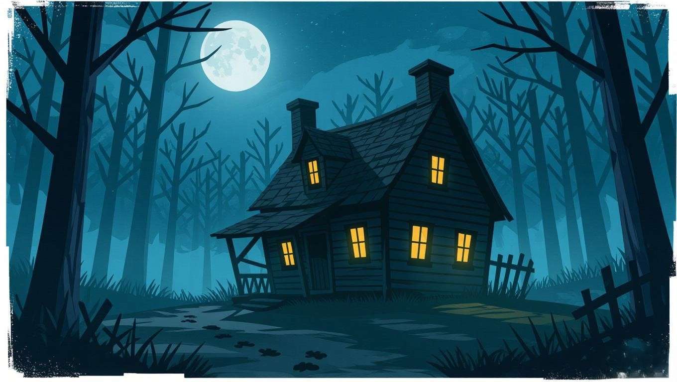  Haunting illustration of the Shrieking Shack at night under a full moon, with paw prints in the dirt, symbolizing the Marauders’ support for Remus Lupin in Harry Potter. 