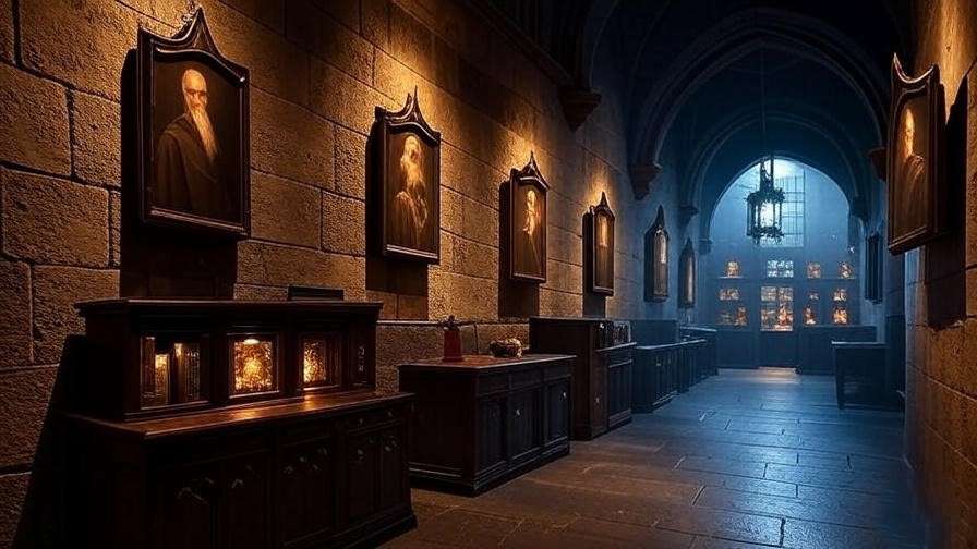 Magical Hogwarts Castle queue with talking portraits and Dumbledore’s office, enhancing the Harry Potter and Forbidden Journey experience.