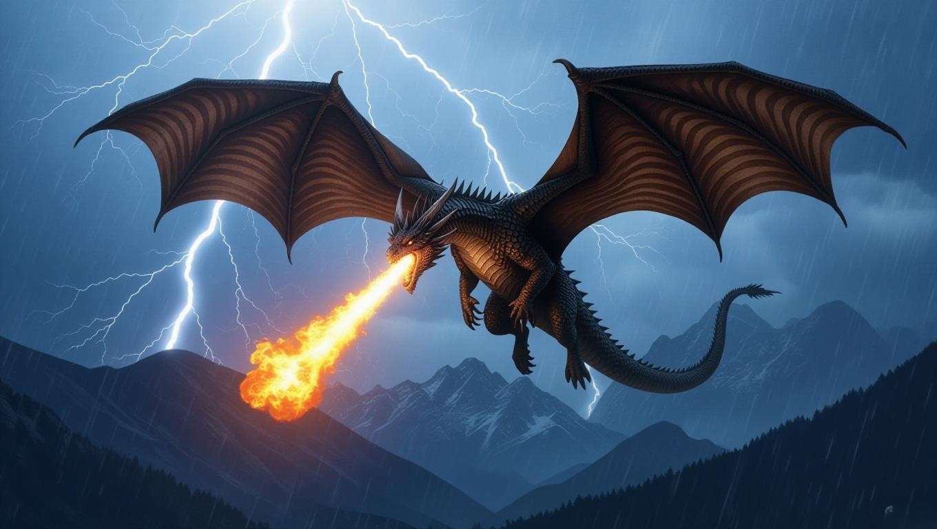 A Hungarian Horntail dragon with spiked black scales flying through a stormy sky, fire trailing from its mouth, set against a rugged mountain backdrop in the Harry Potter universe.