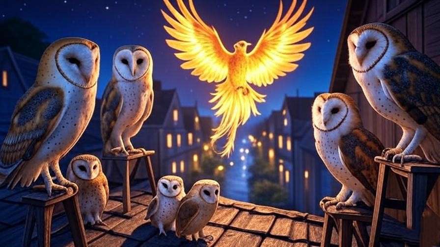 Rooftop owl sanctuary with glowing phoenix and starry sky, a hidden gem around the corner from Diagon Alley.
