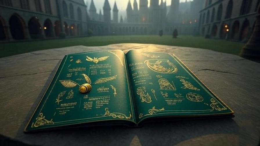 Harry Potter planners 2025 page with Golden Snitch and wand in a misty Hogwarts courtyard.