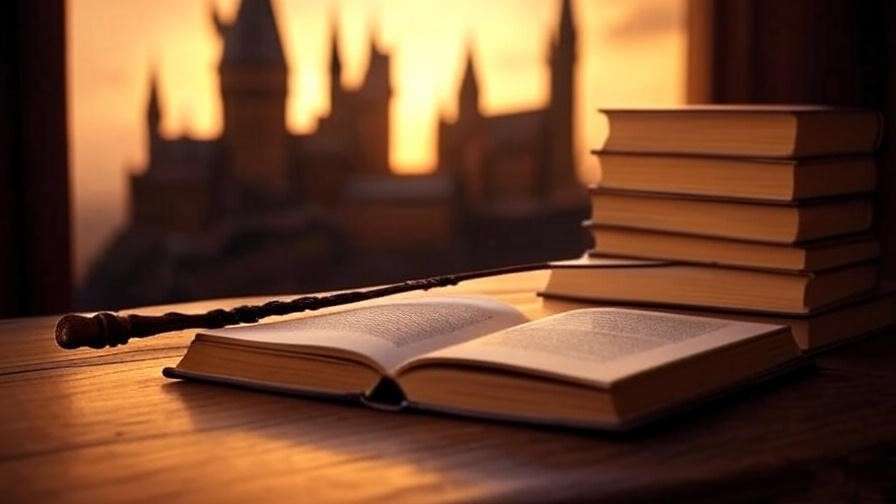 Cozy reading nook with Harry Potter books and wand, Hogwarts castle sunset backdrop