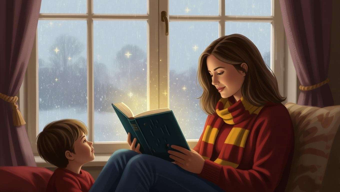 Adult sharing Harry Potter book with child, passing down nostalgic lessons across generations.