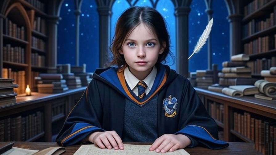 Ravenclaw student studying in Hogwarts library with magical books and starry sky