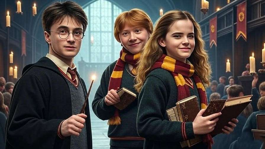 Golden Trio of Harry Potter, Ron Weasley, and Hermione Granger in Hogwarts Great Hall for Harry Potter all characters list.
