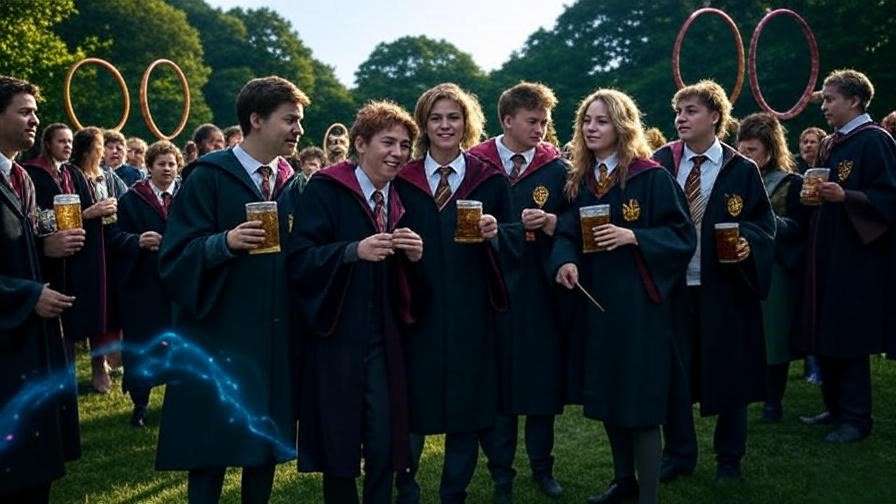 Fans in Hogwarts robes enjoying a magical Wizarding World Festival at Piedmont Park in Atlanta with Quidditch hoops and Butterbeer.