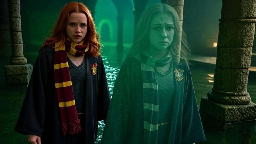 Ginny Weasley and Moaning Myrtle collaborating in the Chamber of Secrets, mystical water reflections.