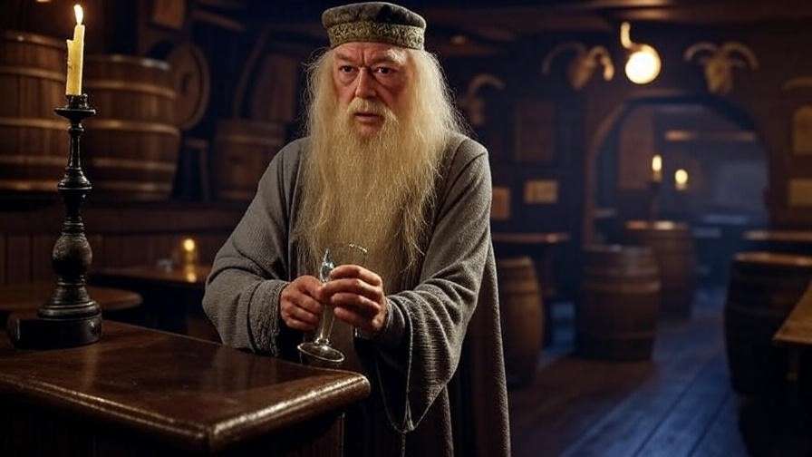 Aberforth Dumbledore behind the bar of the Hog's Head pub, a dimly lit Harry Potter tavern with wooden barrels and a mysterious atmosphere. 