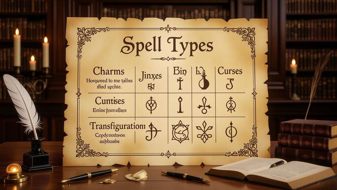 A parchment-style chart of Harry Potter spell types on a Hogwarts library table, surrounded by quills and magical artifacts. 