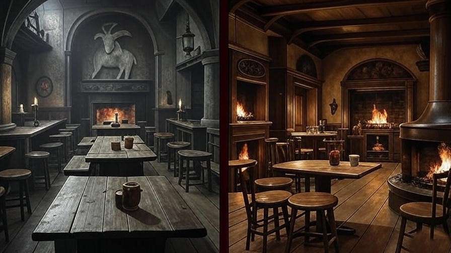 Split-screen comparison of the Hog's Head and Three Broomsticks interiors, showcasing the gritty Harry Potter tavern versus the cozy pub. 