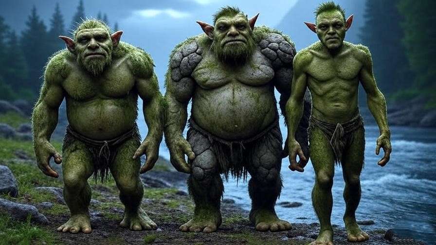 Illustration comparing river troll, mountain troll, and forest troll in Harry Potter, showing unique traits.