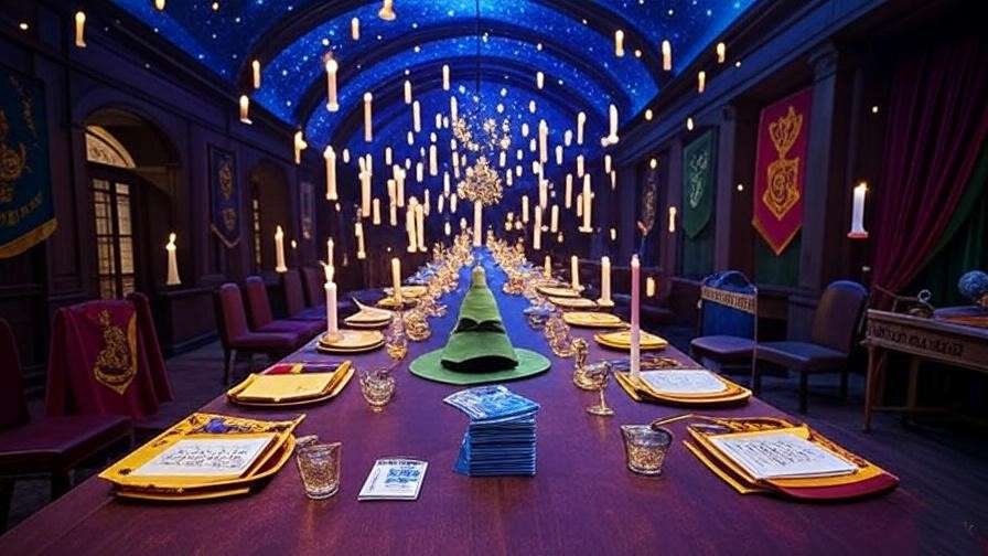 Harry Potter-themed party setup with house banners, floating candles, and a Sorting Hat, creating a magical Hogwarts atmosphere.
