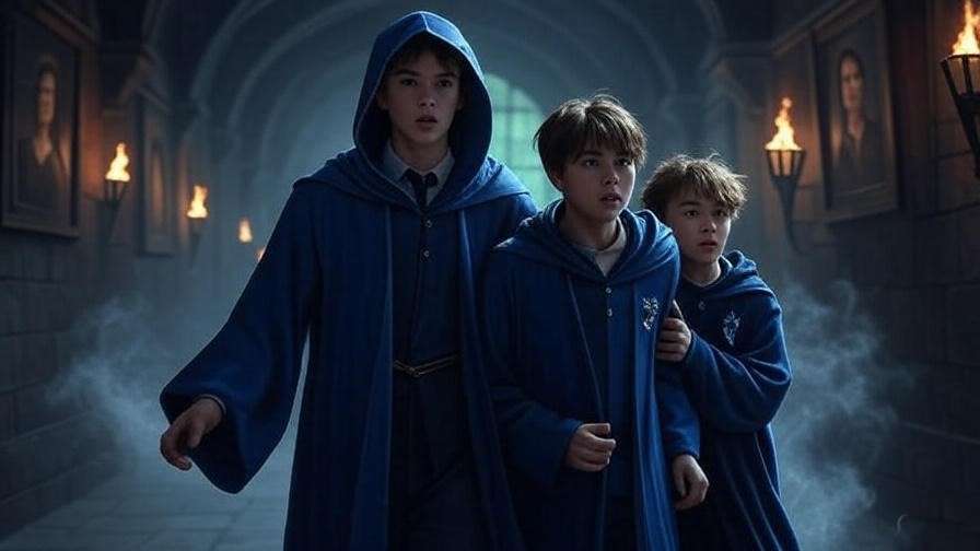 Robert Hilliard protecting students in Hogwarts corridor during wizarding war.