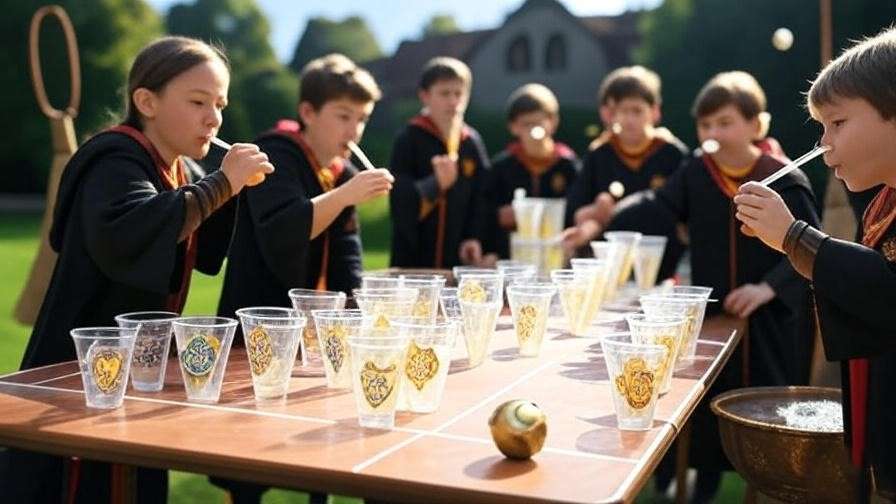 Kids playing Quidditch Pong with cups and a Golden Snitch at a lively Harry Potter birthday party.
